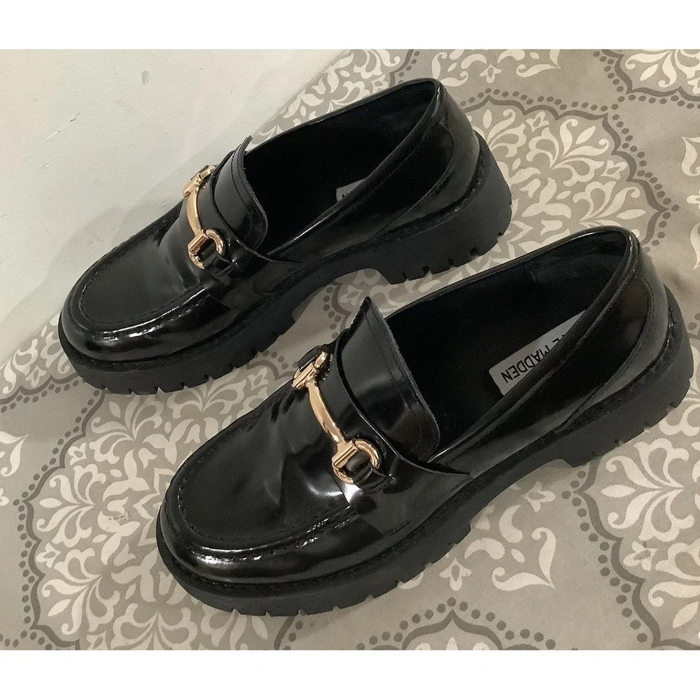 Steve Madden Lando Mens 6.5 M Black Patent Leather Chunky Lug Horsebit Loafers